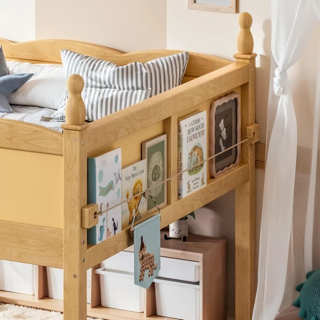 Alt view image 6 of 7 - Twin/Full Size Loft Bed with Full-Length Guardrails, Solid Wood Dorm Bed with Ladders and Beside Bookshelf, Corner Beds with Slat Support for Boys Girls Playroom Guest Room Bedroom (Natural Full)
