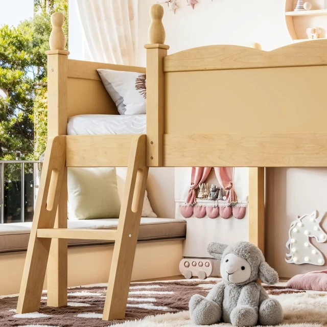 Alt view image 7 of 7 - Twin/Full Size Loft Bed with Full-Length Guardrails, Solid Wood Dorm Bed with Ladders and Beside Bookshelf, Corner Beds with Slat Support for Boys Girls Playroom Guest Room Bedroom (Natural Full)