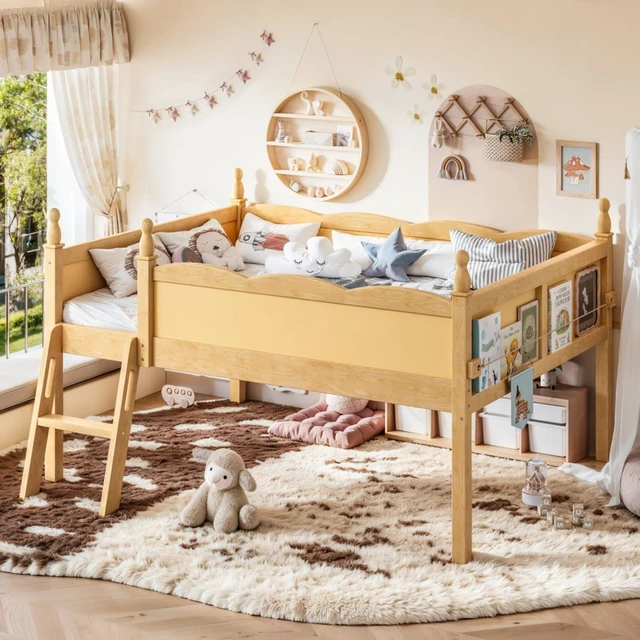 Alt view image 4 of 7 - Twin/Full Size Loft Bed with Full-Length Guardrails, Solid Wood Dorm Bed with Ladders and Beside Bookshelf, Corner Beds with Slat Support for Boys Girls Playroom Guest Room Bedroom (Natural Full)