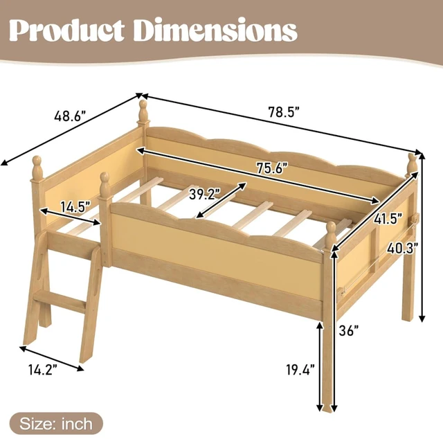 Alt view image 2 of 7 - Twin/Full Size Loft Bed with Full-Length Guardrails, Solid Wood Dorm Bed with Ladders and Beside Bookshelf, Corner Beds with Slat Support for Boys Girls Playroom Guest Room Bedroom (Natural Twin)