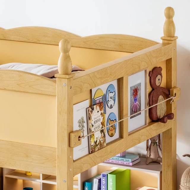 Alt view image 5 of 7 - Twin/Full Size Loft Bed with Full-Length Guardrails, Solid Wood Dorm Bed with Ladders and Beside Bookshelf, Corner Beds with Slat Support for Boys Girls Playroom Guest Room Bedroom (Natural Twin)