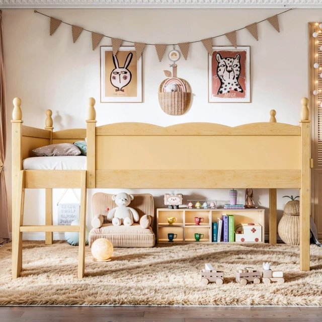 Alt view image 4 of 7 - Twin/Full Size Loft Bed with Full-Length Guardrails, Solid Wood Dorm Bed with Ladders and Beside Bookshelf, Corner Beds with Slat Support for Boys Girls Playroom Guest Room Bedroom (Natural Twin)