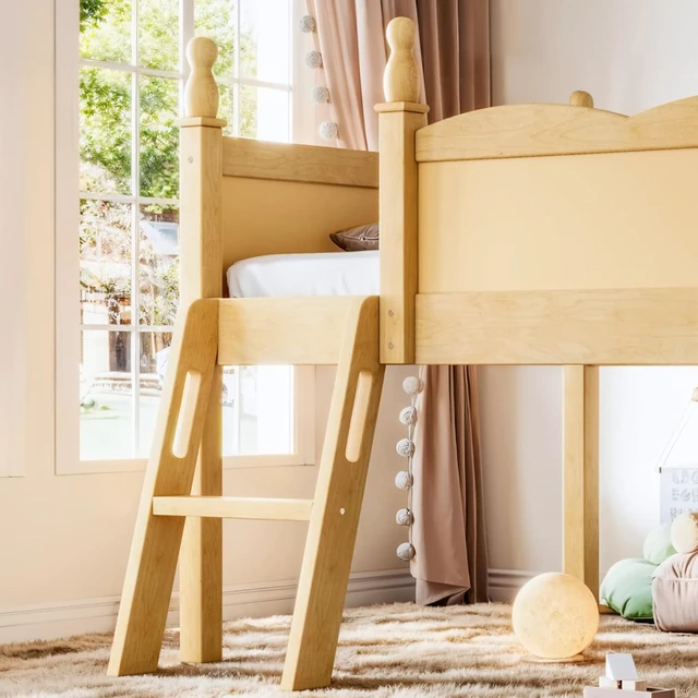 Alt view image 6 of 7 - Twin/Full Size Loft Bed with Full-Length Guardrails, Solid Wood Dorm Bed with Ladders and Beside Bookshelf, Corner Beds with Slat Support for Boys Girls Playroom Guest Room Bedroom (Natural Twin)