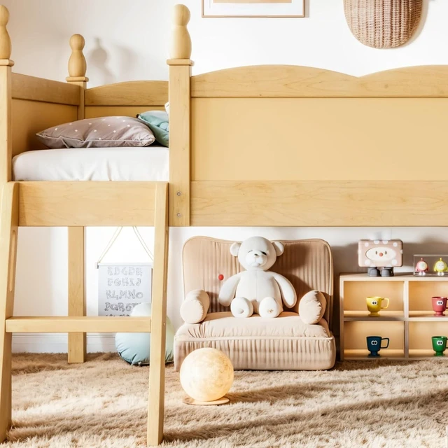 Alt view image 7 of 7 - Twin/Full Size Loft Bed with Full-Length Guardrails, Solid Wood Dorm Bed with Ladders and Beside Bookshelf, Corner Beds with Slat Support for Boys Girls Playroom Guest Room Bedroom (Natural Twin)