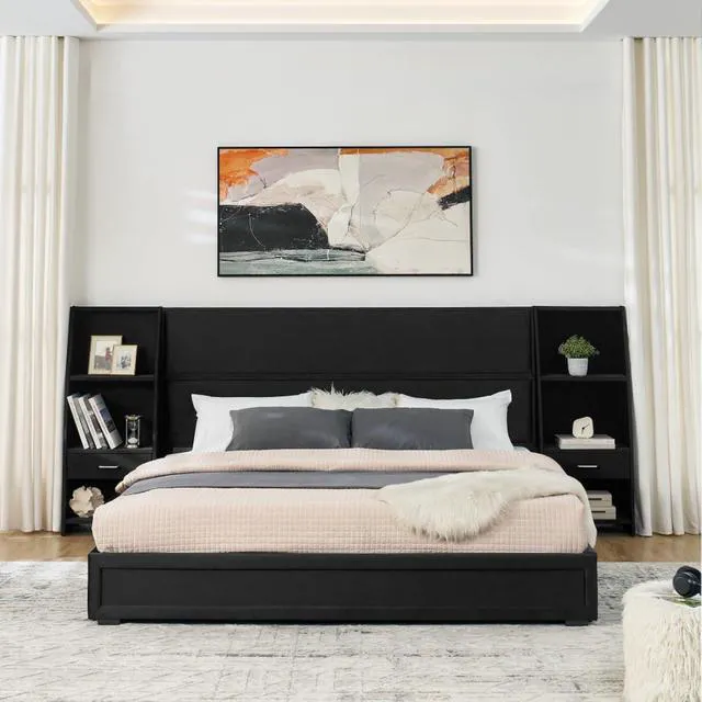 Alt view image 3 of 7 - Hassyee King Size Modern Storage Platform Bed Frame, Panel Bed Mattress Foundation with Velvet Bookcases Headboard and Slat Support for Guest Room Apartment Bedroom, No Box Spring Needed (Black King)