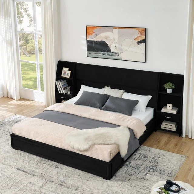 Alt view image 2 of 7 - Hassyee King Size Modern Storage Platform Bed Frame, Panel Bed Mattress Foundation with Velvet Bookcases Headboard and Slat Support for Guest Room Apartment Bedroom, No Box Spring Needed (Black King)