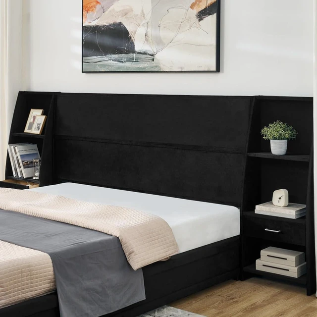 Alt view image 4 of 7 - Hassyee King Size Modern Storage Platform Bed Frame, Panel Bed Mattress Foundation with Velvet Bookcases Headboard and Slat Support for Guest Room Apartment Bedroom, No Box Spring Needed (Black King)