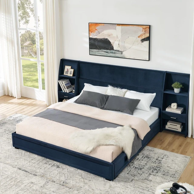Alt view image 2 of 7 - King Size Modern Storage Platform Bed Frame, Panel Bed Mattress Foundation with Velvet Bookcases Headboard and Slat Support for Guest Room Apartment Bedroom, No Box Spring Needed (Dark Blue King)