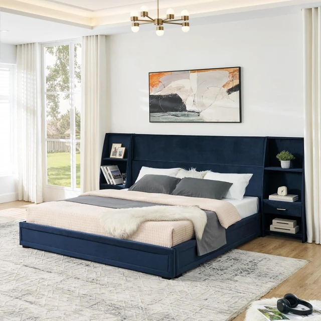 Main image of King Size Modern Storage Platform Bed Frame, Panel Bed Mattress Foundation with Velvet Bookcases Headboard and Slat Support for Guest Room Apartment Bedroom, No Box Spring Needed (Dark Blue King)