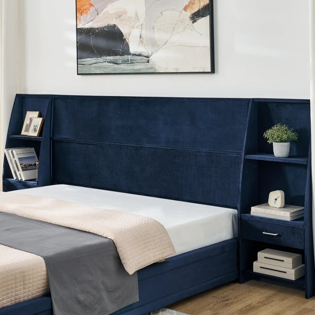 Alt view image 4 of 7 - King Size Modern Storage Platform Bed Frame, Panel Bed Mattress Foundation with Velvet Bookcases Headboard and Slat Support for Guest Room Apartment Bedroom, No Box Spring Needed (Dark Blue King)