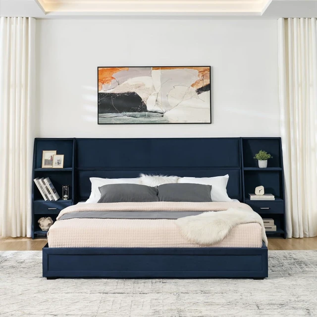 Alt view image 3 of 7 - King Size Modern Storage Platform Bed Frame, Panel Bed Mattress Foundation with Velvet Bookcases Headboard and Slat Support for Guest Room Apartment Bedroom, No Box Spring Needed (Dark Blue King)