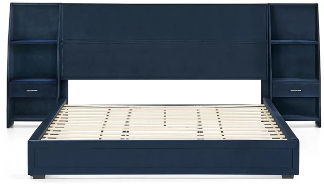 Alt view image 7 of 7 - King Size Modern Storage Platform Bed Frame, Panel Bed Mattress Foundation with Velvet Bookcases Headboard and Slat Support for Guest Room Apartment Bedroom, No Box Spring Needed (Dark Blue King)