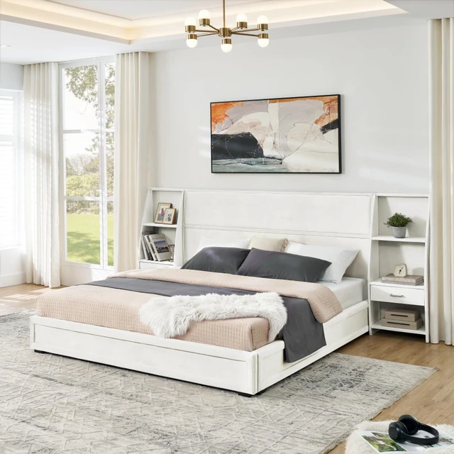 Main image of Hassyee King Size Modern Storage Platform Bed Frame, Panel Bed Mattress Foundation with Velvet Bookcases Headboard and Slat Support for Guest Room Apartment Bedroom, No Box Spring Needed (Beige King)