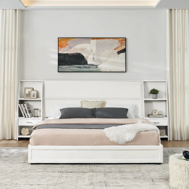Alt view image 3 of 7 - Hassyee King Size Modern Storage Platform Bed Frame, Panel Bed Mattress Foundation with Velvet Bookcases Headboard and Slat Support for Guest Room Apartment Bedroom, No Box Spring Needed (Beige King)