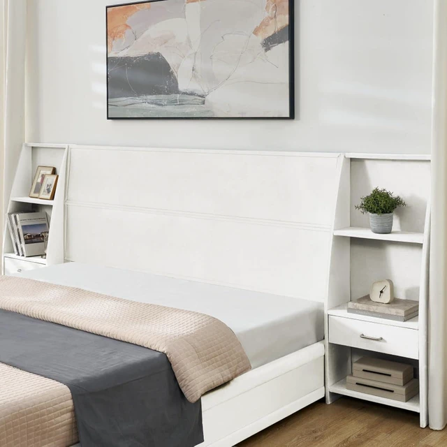 Alt view image 4 of 7 - Hassyee King Size Modern Storage Platform Bed Frame, Panel Bed Mattress Foundation with Velvet Bookcases Headboard and Slat Support for Guest Room Apartment Bedroom, No Box Spring Needed (Beige King)