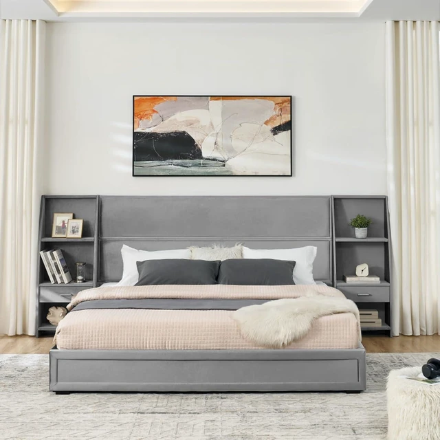 Alt view image 3 of 7 - Hassyee King Size Modern Storage Platform Bed Frame, Panel Bed Mattress Foundation with Velvet Bookcases Headboard and Slat Support for Guest Room Apartment Bedroom, No Box Spring Needed (Gray King)