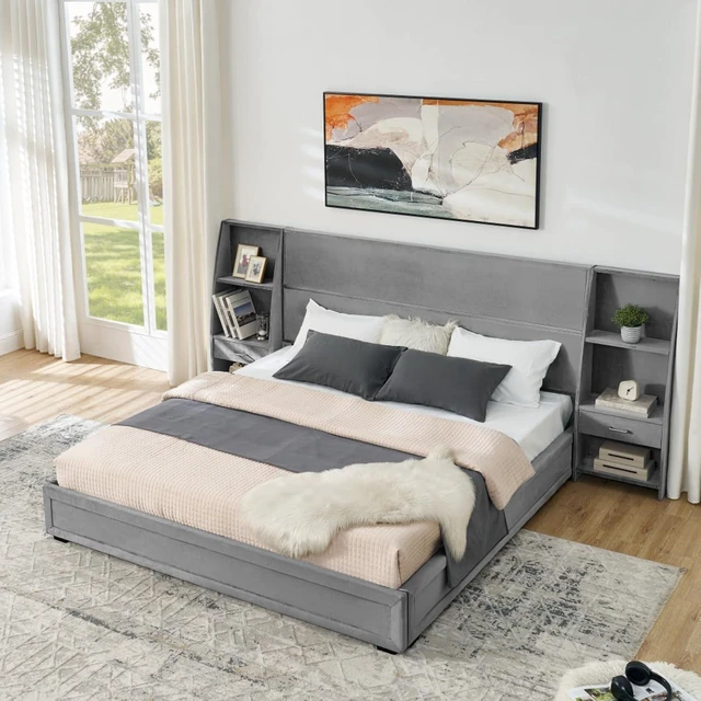 Alt view image 2 of 7 - Hassyee King Size Modern Storage Platform Bed Frame, Panel Bed Mattress Foundation with Velvet Bookcases Headboard and Slat Support for Guest Room Apartment Bedroom, No Box Spring Needed (Gray King)