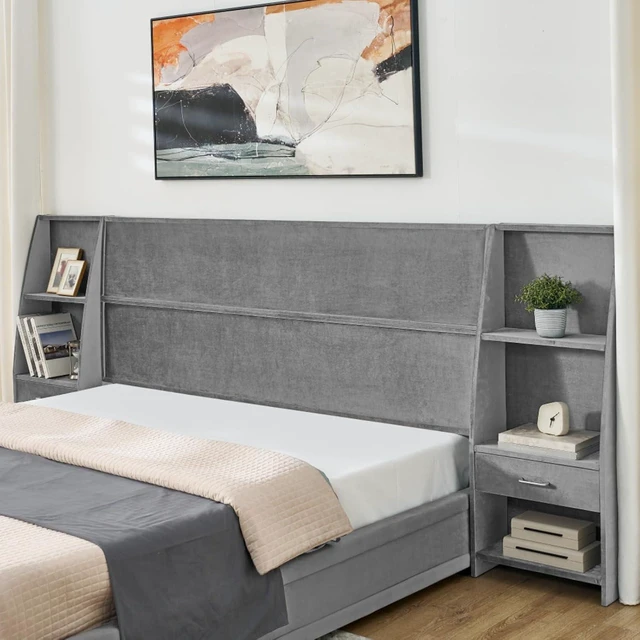 Alt view image 4 of 7 - Hassyee King Size Modern Storage Platform Bed Frame, Panel Bed Mattress Foundation with Velvet Bookcases Headboard and Slat Support for Guest Room Apartment Bedroom, No Box Spring Needed (Gray King)