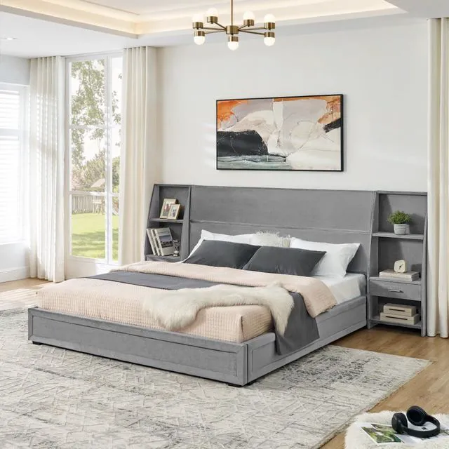 Main image of Hassyee King Size Modern Storage Platform Bed Frame, Panel Bed Mattress Foundation with Velvet Bookcases Headboard and Slat Support for Guest Room Apartment Bedroom, No Box Spring Needed (Gray King)