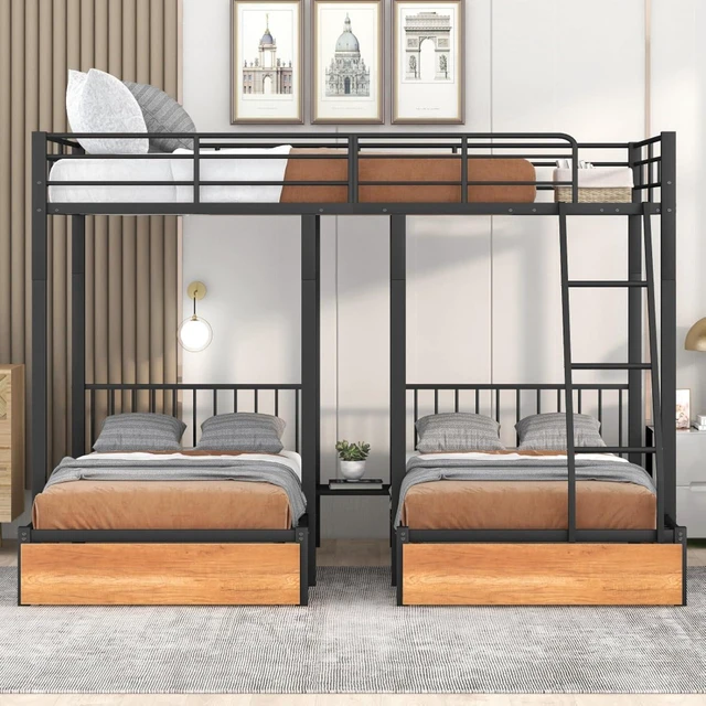 Alt view image 2 of 7 - Hassyee Full Over Twin & Twin Bunk Bed, Metal Triple Bunk Bed with 2 Drawers and Guardrails, Detachable 3 Beds with Slat Support, Dorm Beds for Teens Shared Room Bedroom (Black Full Over Twin & Twin)