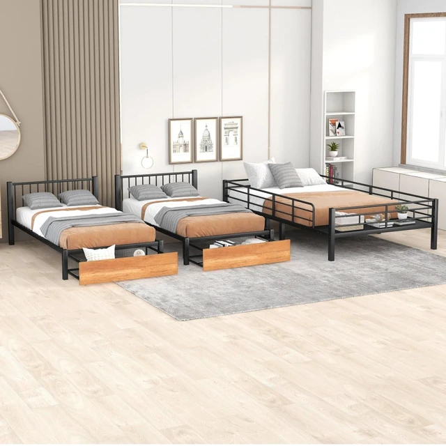Alt view image 3 of 7 - Hassyee Full Over Twin & Twin Bunk Bed, Metal Triple Bunk Bed with 2 Drawers and Guardrails, Detachable 3 Beds with Slat Support, Dorm Beds for Teens Shared Room Bedroom (Black Full Over Twin & Twin)