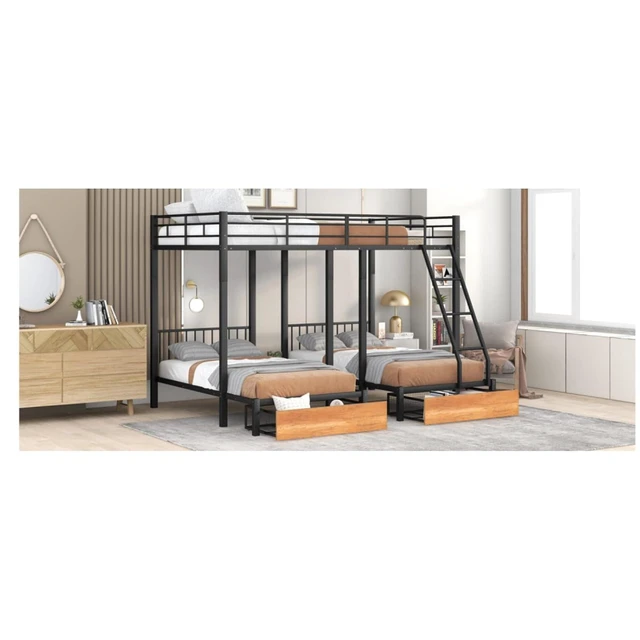 Alt view image 4 of 7 - Hassyee Full Over Twin & Twin Bunk Bed, Metal Triple Bunk Bed with 2 Drawers and Guardrails, Detachable 3 Beds with Slat Support, Dorm Beds for Teens Shared Room Bedroom (Black Full Over Twin & Twin)