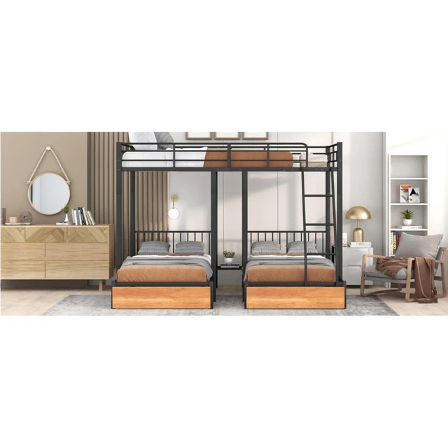 Alt view image 5 of 7 - Hassyee Full Over Twin & Twin Bunk Bed, Metal Triple Bunk Bed with 2 Drawers and Guardrails, Detachable 3 Beds with Slat Support, Dorm Beds for Teens Shared Room Bedroom (Black Full Over Twin & Twin)