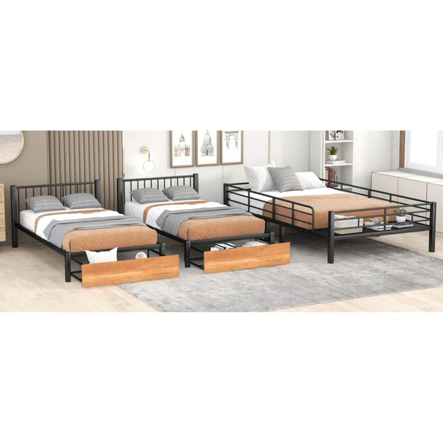 Alt view image 6 of 7 - Hassyee Full Over Twin & Twin Bunk Bed, Metal Triple Bunk Bed with 2 Drawers and Guardrails, Detachable 3 Beds with Slat Support, Dorm Beds for Teens Shared Room Bedroom (Black Full Over Twin & Twin)