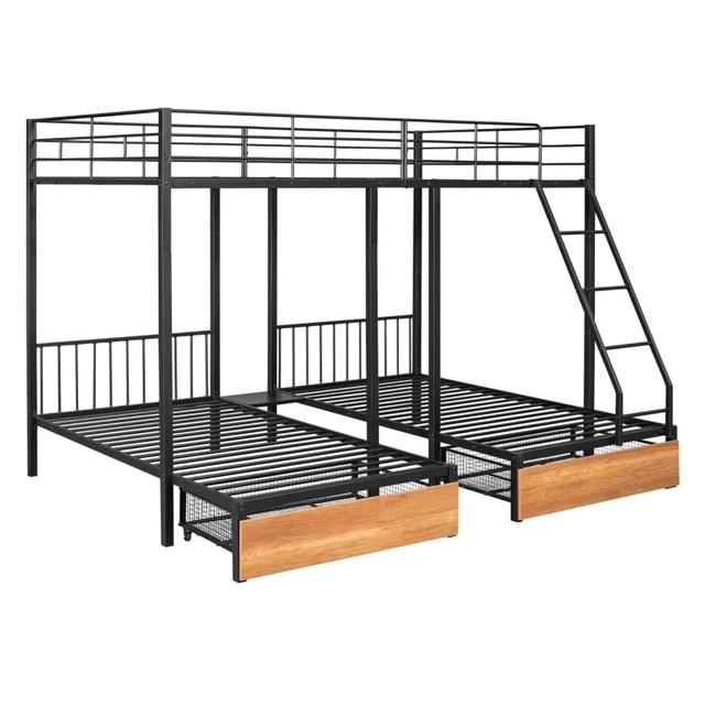 Alt view image 7 of 7 - Hassyee Full Over Twin & Twin Bunk Bed, Metal Triple Bunk Bed with 2 Drawers and Guardrails, Detachable 3 Beds with Slat Support, Dorm Beds for Teens Shared Room Bedroom (Black Full Over Twin & Twin)