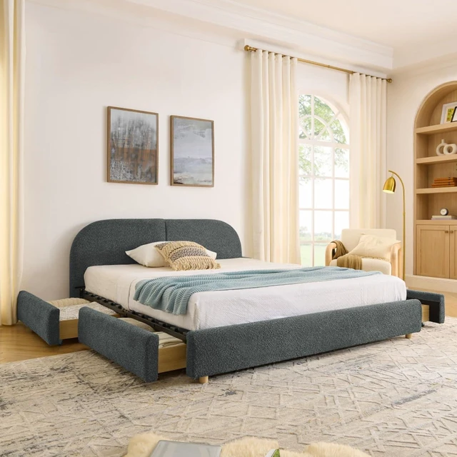 Main image of Hassyee Queen Size Upholstered Platform Bed Frame with Tall Curved Headboard, Modern Panel Bed Mattress Foundation with 4 Storage Drawers for Bedroom Guest Room Apartment (Dark Gray Queen)