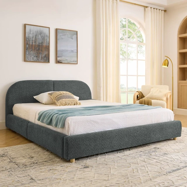 Alt view image 2 of 7 - Hassyee Queen Size Upholstered Platform Bed Frame with Tall Curved Headboard, Modern Panel Bed Mattress Foundation with 4 Storage Drawers for Bedroom Guest Room Apartment (Dark Gray Queen)