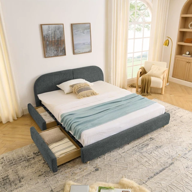 Alt view image 3 of 7 - Hassyee Queen Size Upholstered Platform Bed Frame with Tall Curved Headboard, Modern Panel Bed Mattress Foundation with 4 Storage Drawers for Bedroom Guest Room Apartment (Dark Gray Queen)