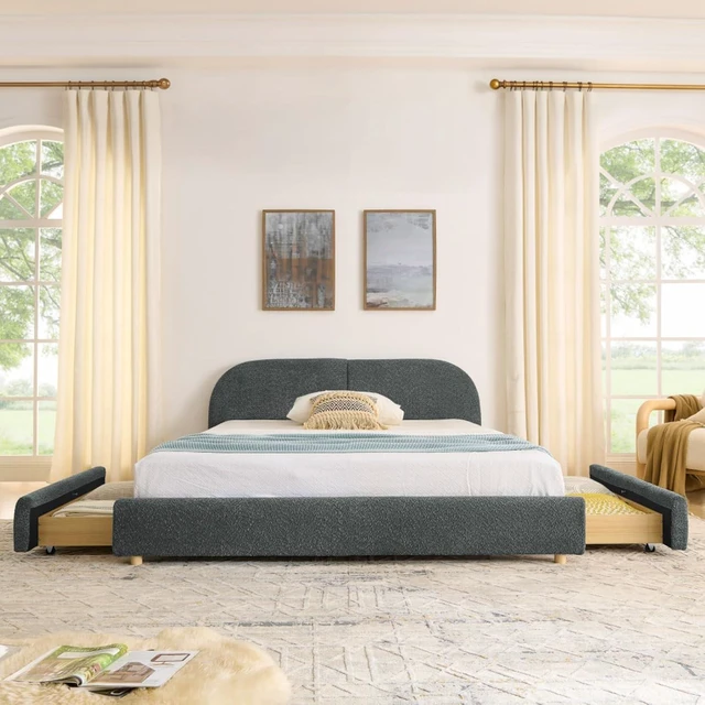 Alt view image 4 of 7 - Hassyee Queen Size Upholstered Platform Bed Frame with Tall Curved Headboard, Modern Panel Bed Mattress Foundation with 4 Storage Drawers for Bedroom Guest Room Apartment (Dark Gray Queen)