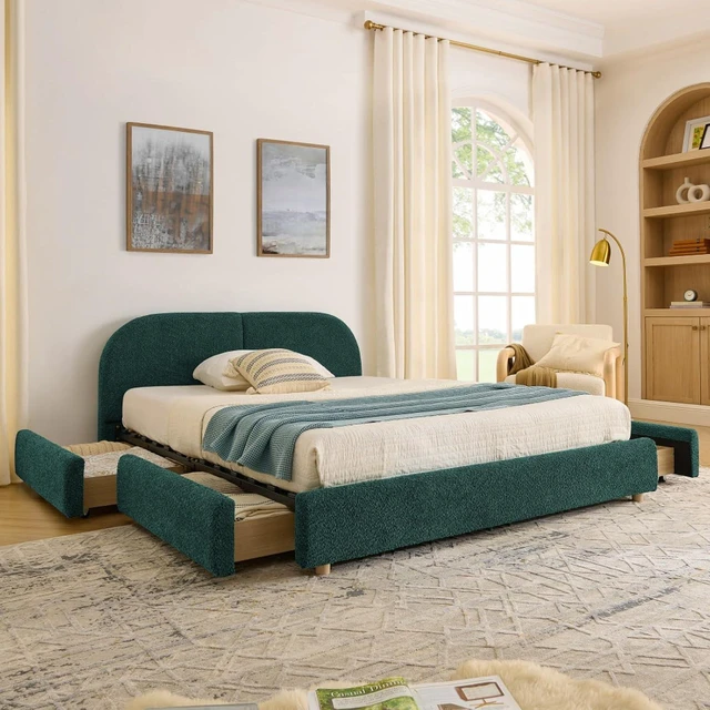 Main image of Hassyee Queen Size Upholstered Platform Bed Frame with Tall Curved Headboard, Modern Panel Bed Mattress Foundation with 4 Storage Drawers for Bedroom Guest Room Apartment (Green Queen)