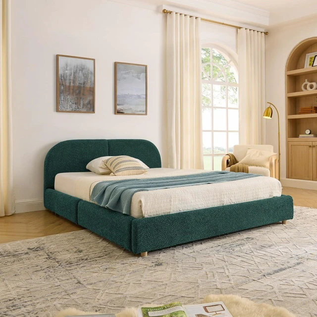 Alt view image 2 of 7 - Hassyee Queen Size Upholstered Platform Bed Frame with Tall Curved Headboard, Modern Panel Bed Mattress Foundation with 4 Storage Drawers for Bedroom Guest Room Apartment (Green Queen)