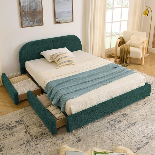 Alt view image 3 of 7 - Hassyee Queen Size Upholstered Platform Bed Frame with Tall Curved Headboard, Modern Panel Bed Mattress Foundation with 4 Storage Drawers for Bedroom Guest Room Apartment (Green Queen)