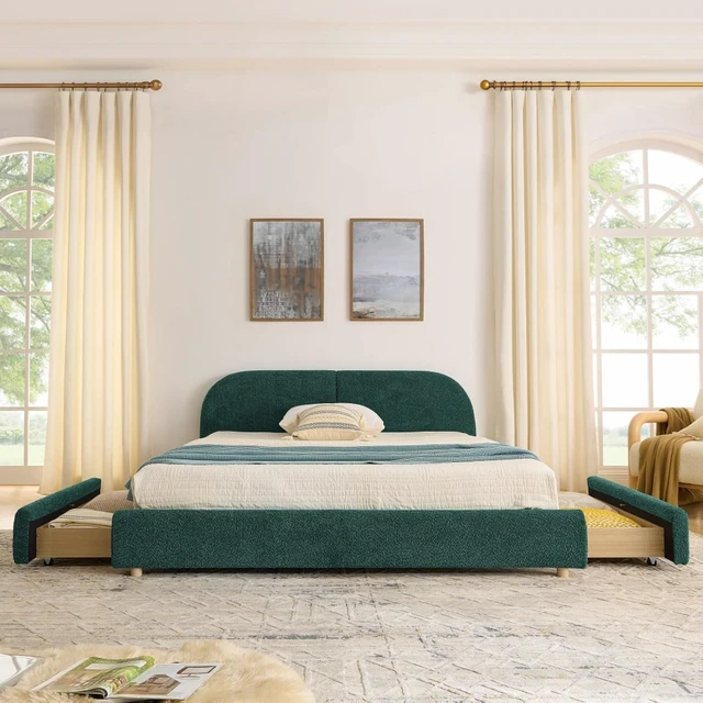 Alt view image 4 of 7 - Hassyee Queen Size Upholstered Platform Bed Frame with Tall Curved Headboard, Modern Panel Bed Mattress Foundation with 4 Storage Drawers for Bedroom Guest Room Apartment (Green Queen)