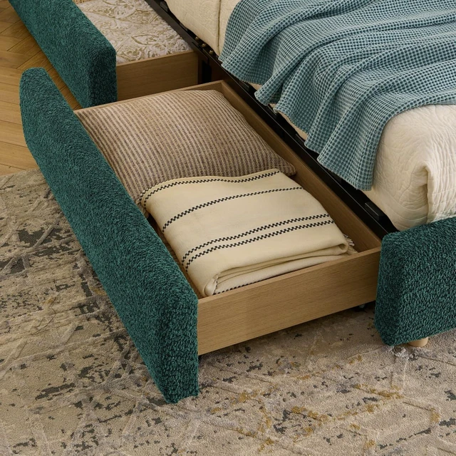 Alt view image 6 of 7 - Hassyee Queen Size Upholstered Platform Bed Frame with Tall Curved Headboard, Modern Panel Bed Mattress Foundation with 4 Storage Drawers for Bedroom Guest Room Apartment (Green Queen)