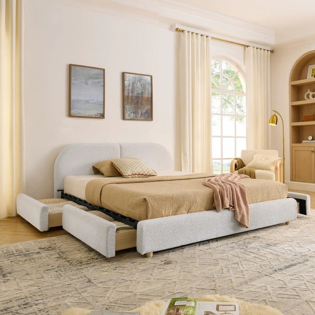 Main image of Hassyee Queen Size Upholstered Platform Bed Frame with Tall Curved Headboard, Modern Panel Bed Mattress Foundation with 4 Storage Drawers for Bedroom Guest Room Apartment (Beige Queen)