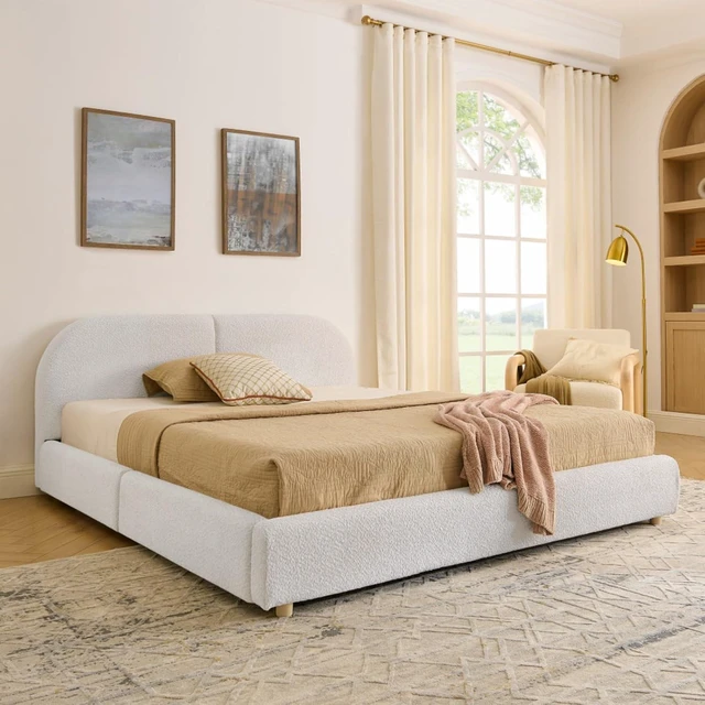 Alt view image 2 of 7 - Hassyee Queen Size Upholstered Platform Bed Frame with Tall Curved Headboard, Modern Panel Bed Mattress Foundation with 4 Storage Drawers for Bedroom Guest Room Apartment (Beige Queen)
