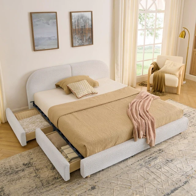 Alt view image 3 of 7 - Hassyee Queen Size Upholstered Platform Bed Frame with Tall Curved Headboard, Modern Panel Bed Mattress Foundation with 4 Storage Drawers for Bedroom Guest Room Apartment (Beige Queen)