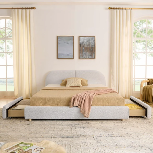 Alt view image 4 of 7 - Hassyee Queen Size Upholstered Platform Bed Frame with Tall Curved Headboard, Modern Panel Bed Mattress Foundation with 4 Storage Drawers for Bedroom Guest Room Apartment (Beige Queen)