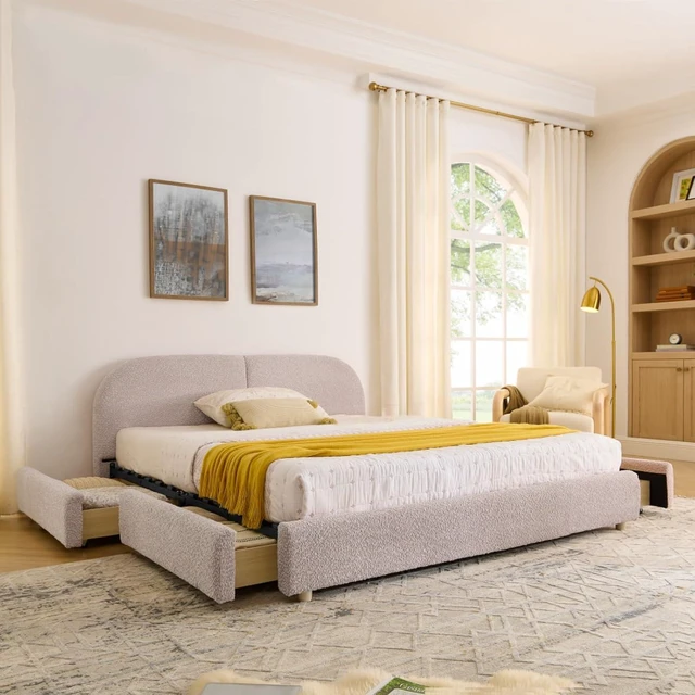 Main image of Hassyee Queen Size Upholstered Platform Bed Frame with Tall Curved Headboard, Modern Panel Bed Mattress Foundation with 4 Storage Drawers for Bedroom Guest Room Apartment (Pink Queen)