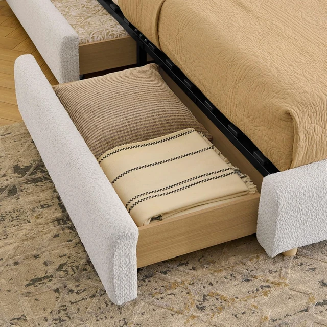 Alt view image 7 of 7 - Hassyee Queen Size Upholstered Platform Bed Frame with Tall Curved Headboard, Modern Panel Bed Mattress Foundation with 4 Storage Drawers for Bedroom Guest Room Apartment (Beige Queen)