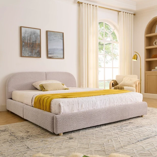 Alt view image 2 of 7 - Hassyee Queen Size Upholstered Platform Bed Frame with Tall Curved Headboard, Modern Panel Bed Mattress Foundation with 4 Storage Drawers for Bedroom Guest Room Apartment (Pink Queen)