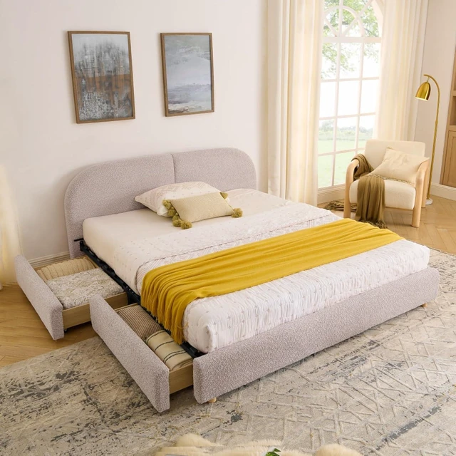 Alt view image 3 of 7 - Hassyee Queen Size Upholstered Platform Bed Frame with Tall Curved Headboard, Modern Panel Bed Mattress Foundation with 4 Storage Drawers for Bedroom Guest Room Apartment (Pink Queen)