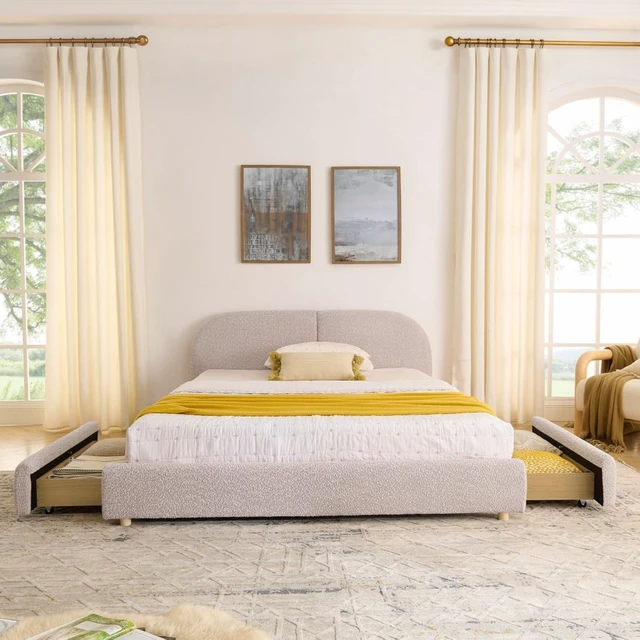 Alt view image 4 of 7 - Hassyee Queen Size Upholstered Platform Bed Frame with Tall Curved Headboard, Modern Panel Bed Mattress Foundation with 4 Storage Drawers for Bedroom Guest Room Apartment (Pink Queen)