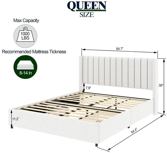Alt view image 2 of 7 - Queen Size Upholstered Platform Bed w/Tufted Wingback Headboard for Adults, Modern Panel Bed Frame with 2 Storage Drawers & Wooden Slats Support for Master Bedroom, Guest Room, No Box Spring Needed