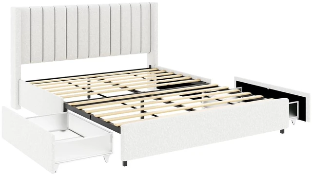 Alt view image 5 of 7 - Queen Size Upholstered Platform Bed w/Tufted Wingback Headboard for Adults, Modern Panel Bed Frame with 2 Storage Drawers & Wooden Slats Support for Master Bedroom, Guest Room, No Box Spring Needed