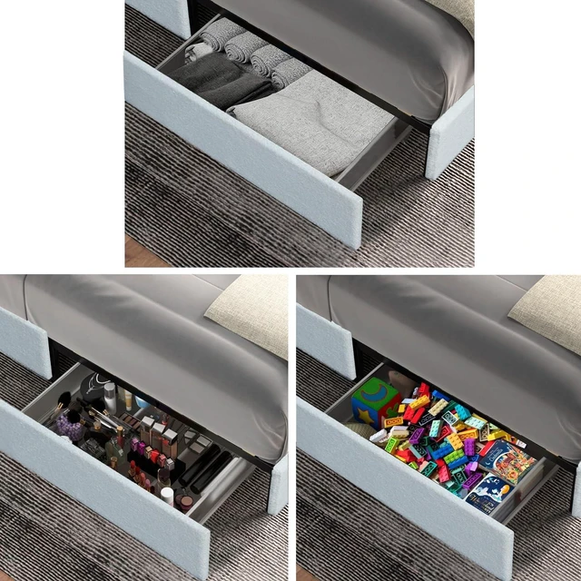 Alt view image 6 of 7 - Queen Size Upholstered Platform Bed w/Tufted Wingback Headboard for Adults, Modern Panel Bed Frame with 2 Storage Drawers & Wooden Slats Support for Master Bedroom, Guest Room, No Box Spring Needed